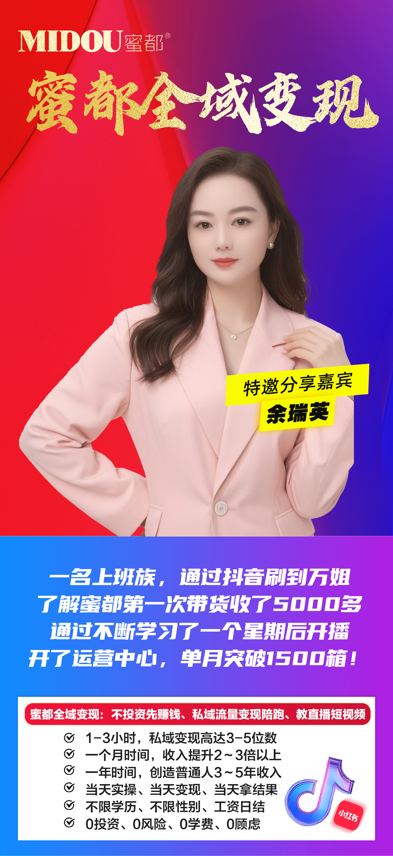 蜜都晨会251024-余瑞英-一名上班族,通过抖音刷到万姐,了解蜜都第一次带货收了5000多,通过不断学习了一个星期后开播,开了运营中心,单月突破1500箱!