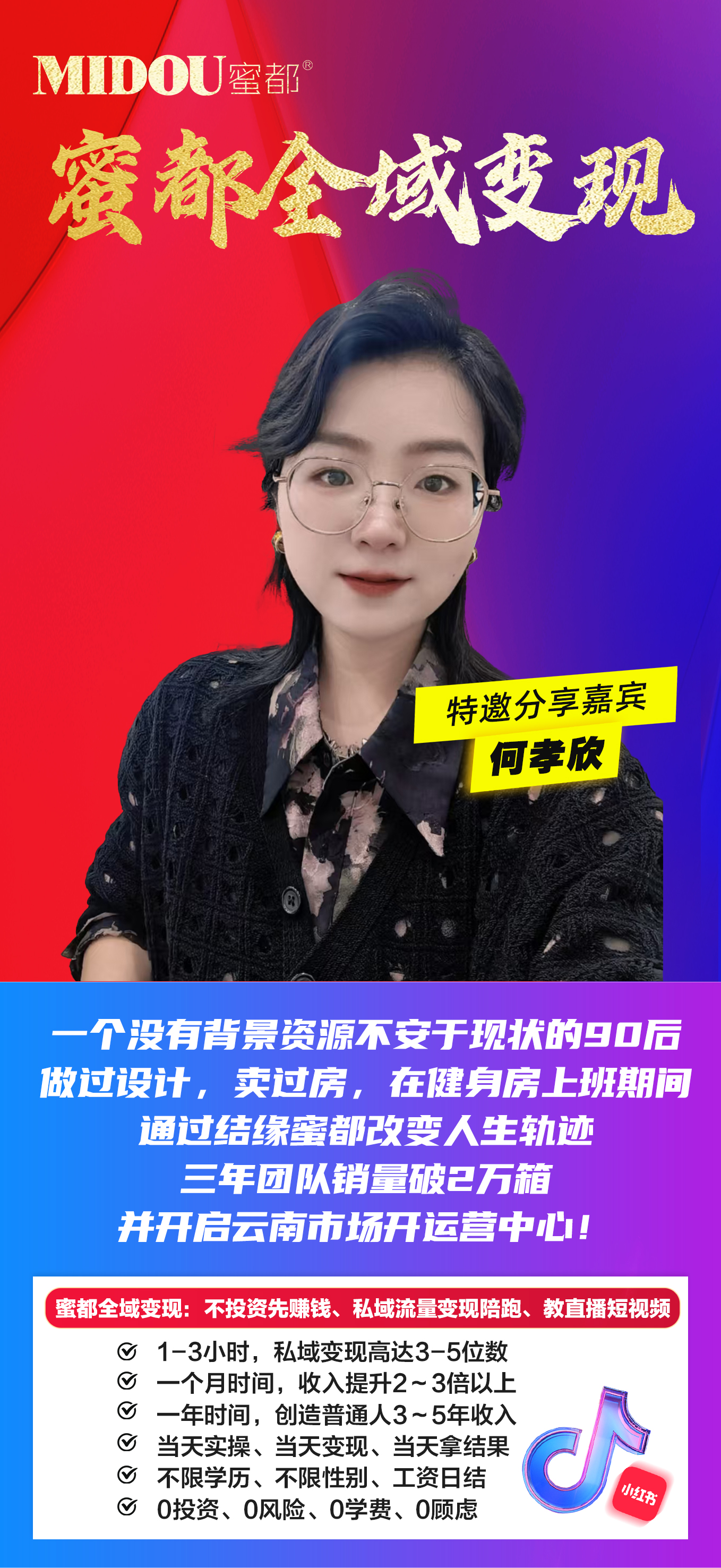 蜜都晨会251215-何孝欣-一个没有背景资源不安于现状的90后，做过设计，卖过房，在健身房上班期间通过结缘蜜都改变人生轨迹，三年团队销量破2万箱，并开启云南市场开运营中心！